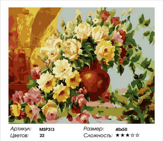 Набір малювання по номерах Троянди у вазі MSP313 з підрамником