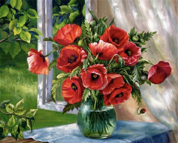 Набір алмазної мозаїки ColorArt 40х50 Маки на підвіконні SP058