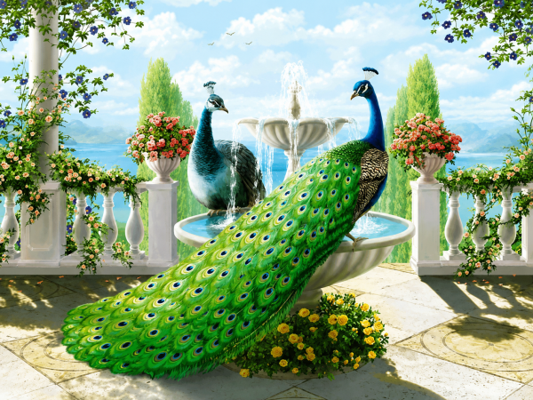 Алмазная мозаика ColorArt 30х40 Павы у фонтана ST458